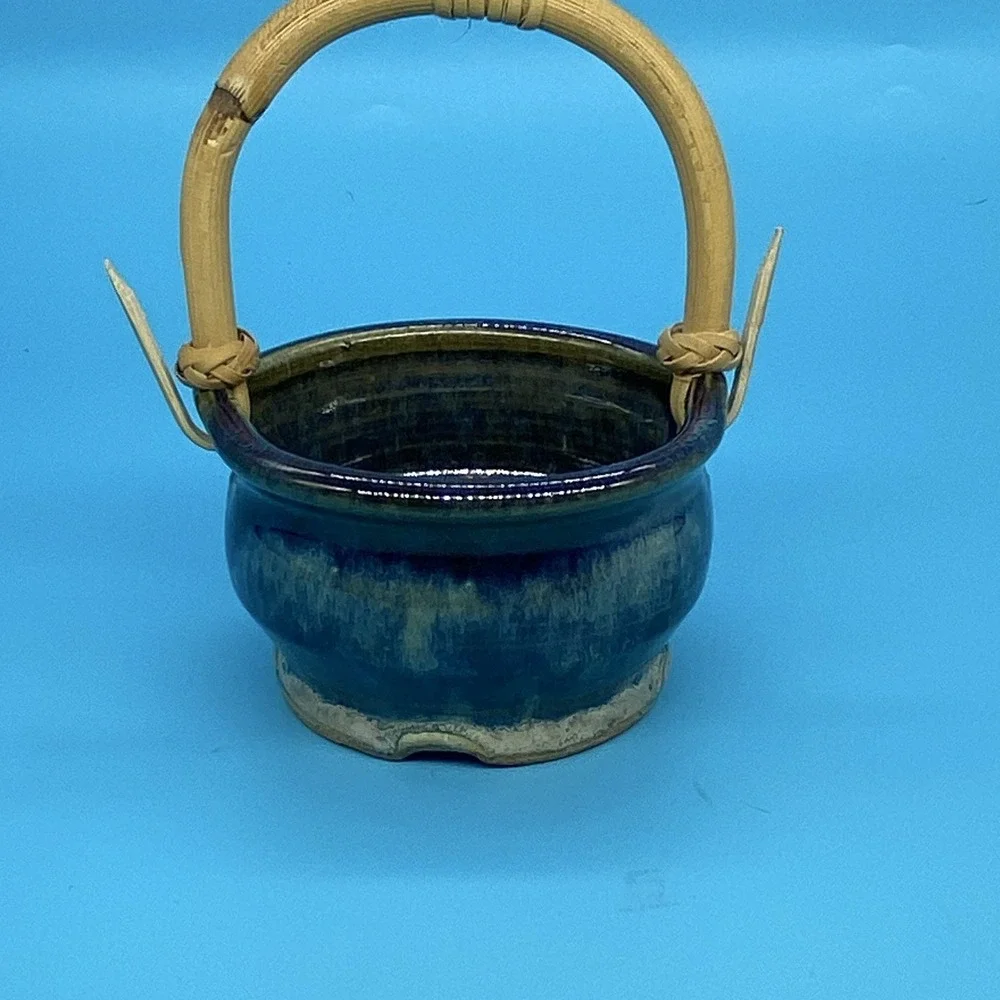 Vintage Studio Art Pottery Basket Bowl Blue Purple Glaze Bamboo Handle Signed
